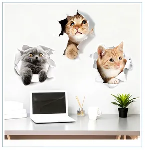 Three 3D cute cat wall stickers showing realistic cats peeking through broken wall holes