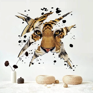 3D tiger head wall decal with realistic broken wall effect for living room decoration