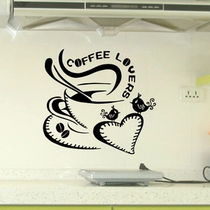 Adesivo murale Coffee Lovers nero con tazzina fumante e uccelli su piastrelle cucina