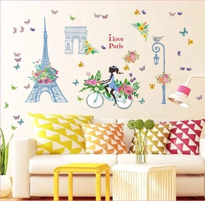 Romantic Paris wall stickers with Eiffel Tower and girl on bicycle for living room decor