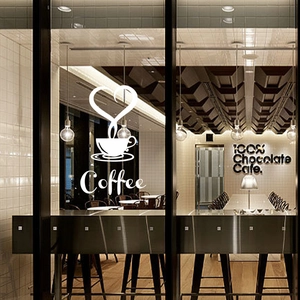 Minimalist coffee cup wall sticker with heart steam on cafe glass partition
