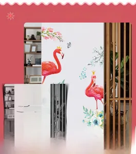 Pink flamingo wall stickers with blue flowers and butterflies for living room decor