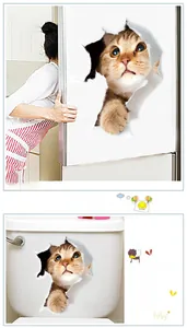 3D cute tabby cat wall sticker showing a realistic broken wall effect on fridge and toilet