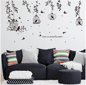 Black Birdcage Birds Tree Silhouette Wall Sticker PVC Waterproof Removable Decal For Living Room Bedroom Home Wall Decor