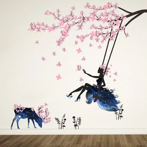 Stickers Muraux Silhouette Fée des Fleurs Ciel Étoilé Arbre de Prunier Élan PVC Décalcomanies en Vinyle DIY Décoration Maison