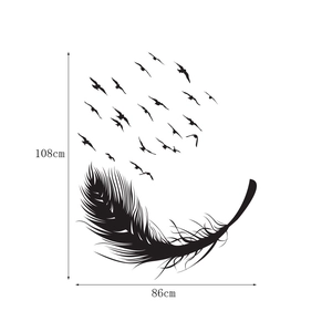 Detailed dimension guide for creative feather to flying birds wall sticker, 108cm by 86cm