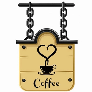 Vintage style wooden coffee wall sign with metal chain and artistic heart steam graphic