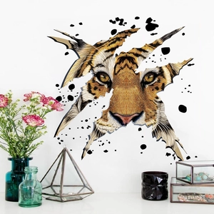 3D tiger head wall sticker with cracked wall effect for modern living room decor