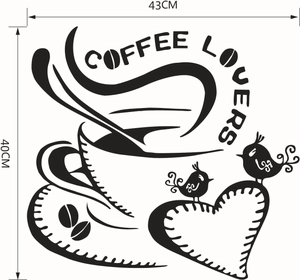 Adesivo murale Coffee Lovers nero con tazza di caffè e uccelli, 43 cm di larghezza e 40 cm