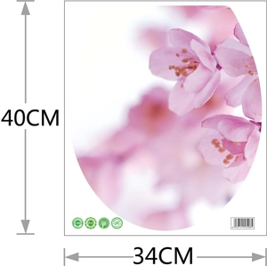 Detail view of 40x34cm pink cherry blossom PVC sticker with dimensions on white background