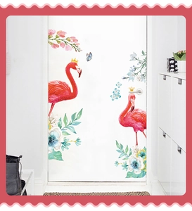 Detail of Nordic pink flamingo wall stickers with floral elements for home decoration
