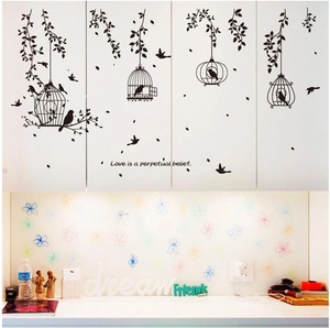 Black birdcage and leaves wall stickers with Love is a perpetual belief quote