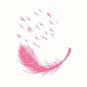 Detail of pink feather wall sticker design with birds flying from the tip of the feather