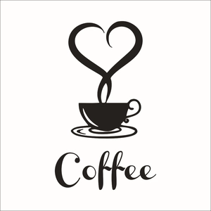 Minimalist black silhouette coffee wall decal featuring a heart steam and artistic text