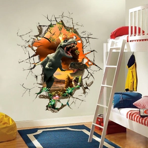 3D Creative Dinosaur Breaking Through Wall Sticker PVC Removable Waterproof Mural For Kids Room Bedroom Living Room Home Decor