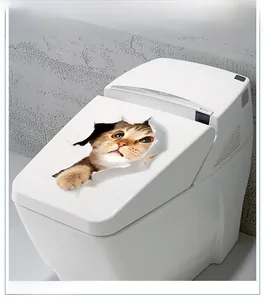 3D hole effect cat toilet sticker with realistic yellow kitten reaching out its paw