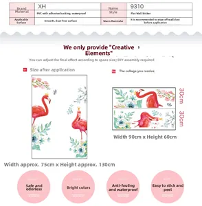 Detailed size chart for Nordic flamingo wall sticker showing layout dimensions 75x130cm