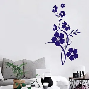 Classic deep blue floral wall stickers with elegant flower vines on white living room wall