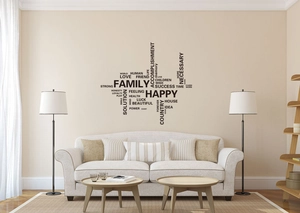 Sticker mural noir en PVC avec mots Family et Happy pour décoration de salon moderne