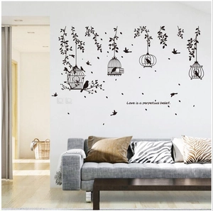 Modern black birdcage and leaf silhouette wall sticker for living room decoration