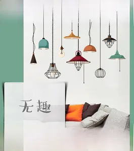 Detail of modern colorful chandelier wall stickers on a white living room wall decor
