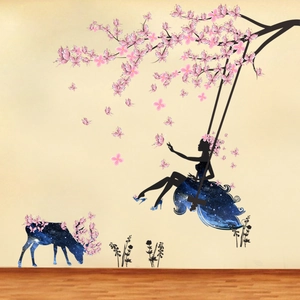 Sticker mural fée des fleurs avec silhouette de fille et cerf au motif étoilé