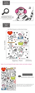 Size chart showing cartoon cat PVC wall decals with layout and finished dimensions