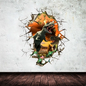 3D T-Rex dinosaur wall decal crashing through wall for kids room home decor