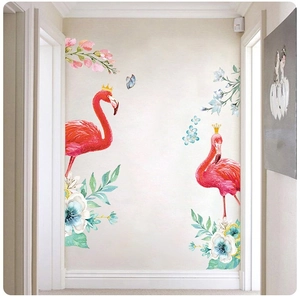 Nordic flamingo wall decals with floral accents for elegant bedroom and living room decor