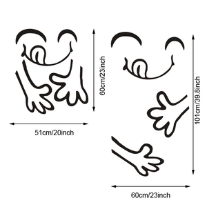 Size comparison chart for funny smiley face wall stickers showing various dimensions