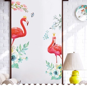 Nordic watercolor flamingo wall stickers with gold crowns and floral accents for home decor