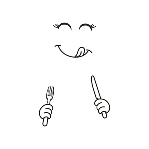 Funny cartoon smiling face wall decal with fork and knife hands for kitchen decor