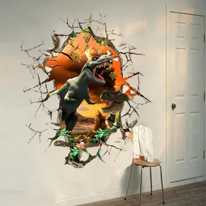 3D dinosaur wall sticker with T-Rex breaking through wall for kids bedroom decor