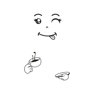 Minimalist smiley face wall decal featuring a cute winking expression with coffee cup
