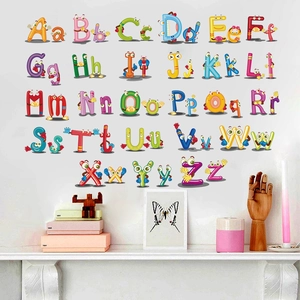 Colorful A-Z alphabet wall stickers with cartoon faces for kids education and room decor