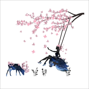 Détail de l'autocollant mural féerique avec fille sur une balançoire et cerf étoilé