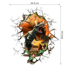 Detail showing 50x50cm 3D dinosaur breaking wall sticker with a realistic sunset view