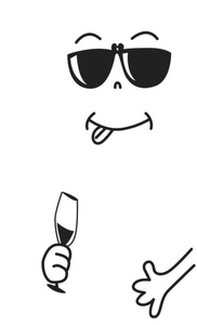Minimalist cartoon face sticker with sunglasses and champagne glass graphic design