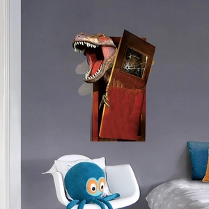 3D dinosaur wall sticker featuring a T-Rex breaking through a door for kids bedroom