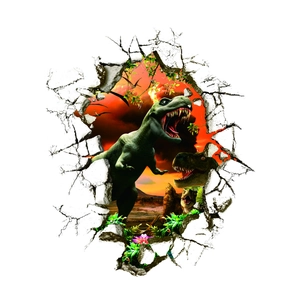 3D wall decal showing a T-Rex breaking through a wall with volcano and dinosaurs