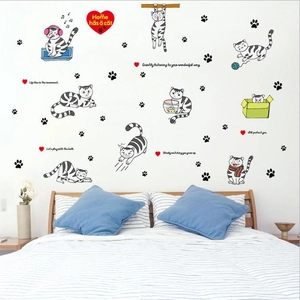 Cartoon tabby cat wall stickers with red hearts for kids room PVC removable decor