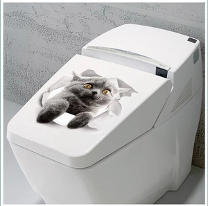 3D realistic gray British Shorthair cat hole wall sticker for bathroom toilet decor