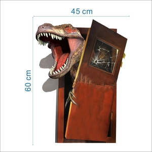 3D realistic wall sticker featuring a T-Rex dinosaur breaking through a wooden door (45x60cm)