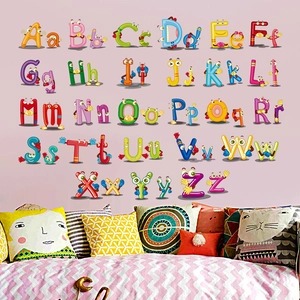 Colorful 26 alphabet wall stickers with cartoon characters for kids bedroom decoration