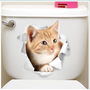 3D realistic orange tabby cat hole sticker for bathroom and home wall decoration