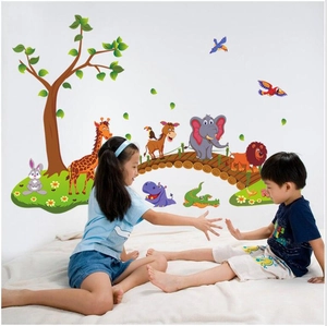 Stickers Muraux Animaux Forêt Éléphant Girafe PVC Imperméable Amovible Décoration Murale pour Chambre d'Enfants
