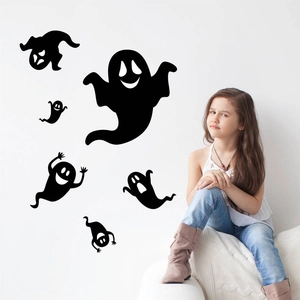 Set of 6 cartoon ghost wall stickers in black vinyl for Halloween home decor and nursery