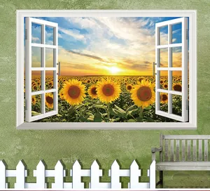 3D window wall sticker showing sunset sunflower field landscape in 60x90cm size