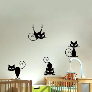 Decorative black cat silhouette wall stickers in various poses for home nursery decor