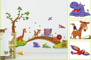 Sticker mural animaux de la forêt avec girafe et éléphant pour décoration de chambre